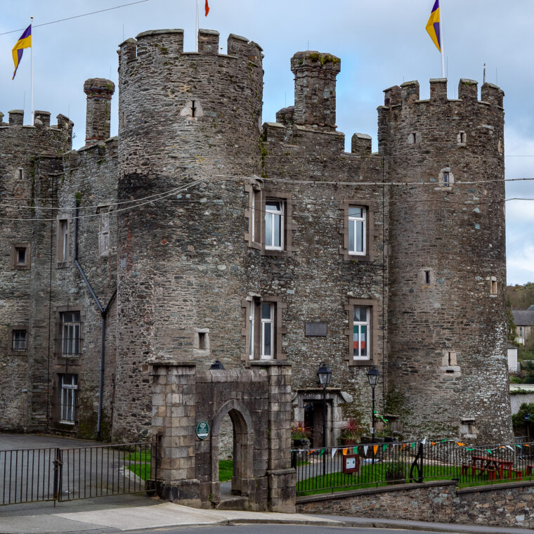 A stone castle with round towers and flags, surrounded by a fence and greenery, near a residential area