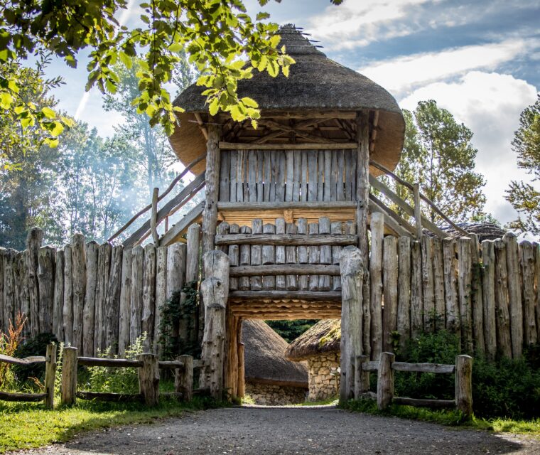 A wooden fort with a thatched roof entrance, surrounded by a tall wooden fence and greenery under a blue sky