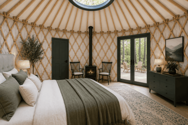 Cozy yurt interior with a queen bed, wooden walls, a fireplace, door to a deck, and nature views outside