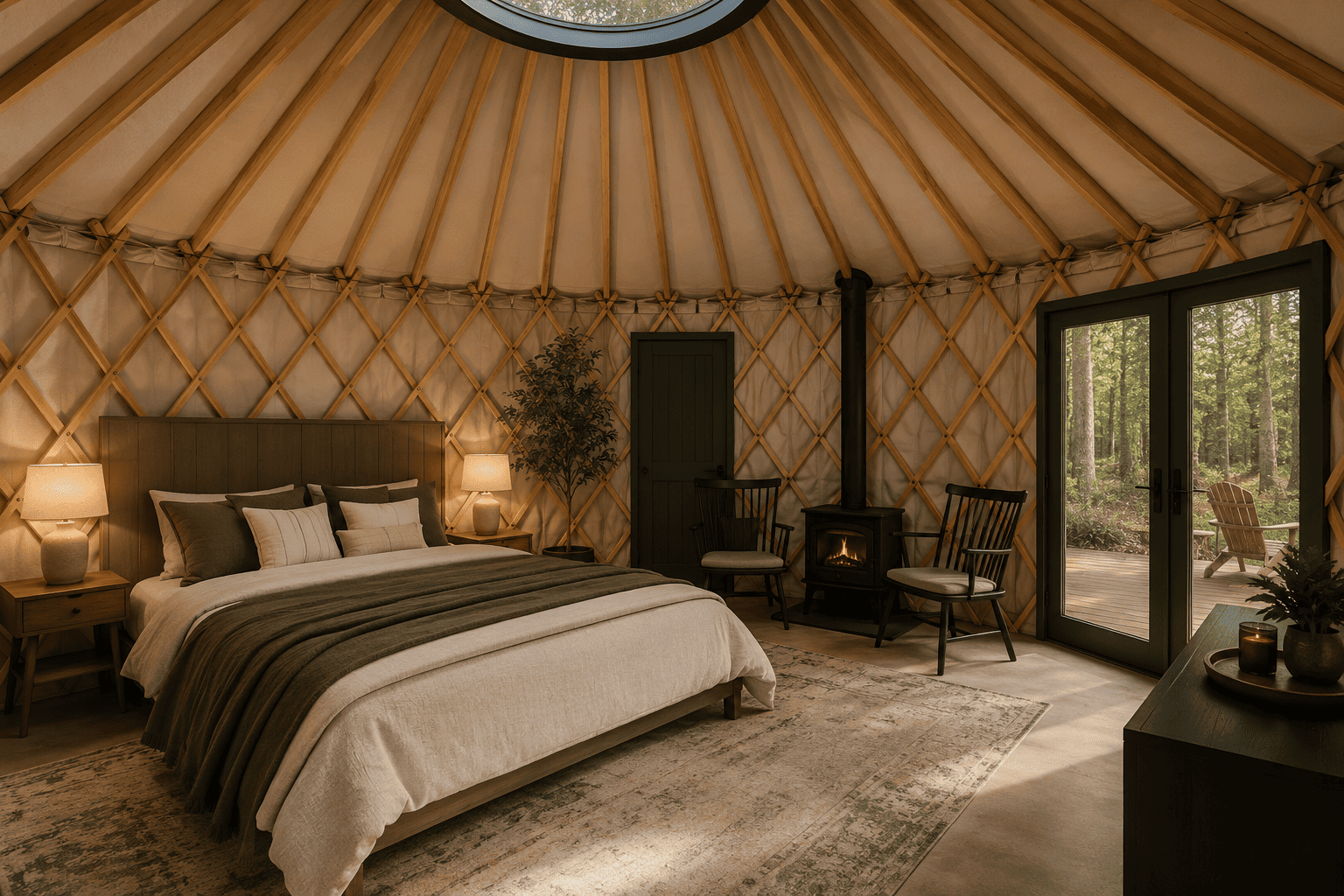 Cozy interior of a yurt featuring a king bed, wood stove, and large windows overlooking a forested area